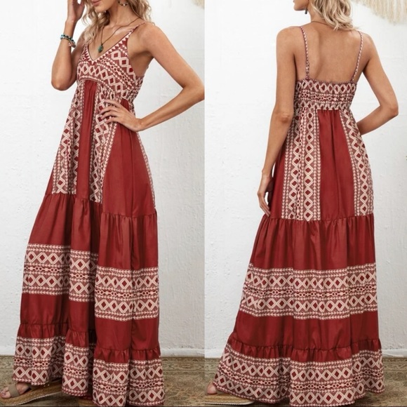 Bohemian Red casual Cami Maxi dress ruffle Luxe - Picture 3 of 3